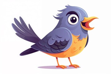Fototapeta premium Cartoon bird with blue feathers on its head and wings, orange chest, looking cheerful, singing or chirping in a lively and colorful manner.