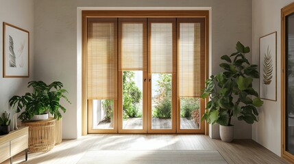 Sunlit room, wooden blinds, calming plants, serene atmosphere