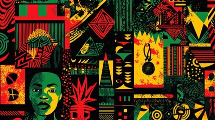 Obraz premium Mural showcases intricate designs and cultural symbols highlighted in red, green, and yellow, reflecting artistic expression and community heritage. The composition blends faces and geometric shapes