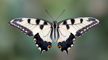 Fototapeta premium Butterfly wings spread, garden background, nature photography, website banner