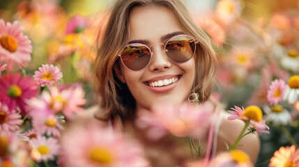 Young woman in sunglasses smiling at camera against background of field full of blooming flowers.