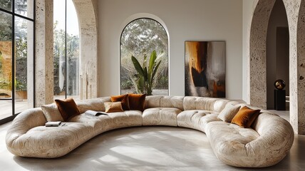 Stylish curved sofa in a modern living room, featuring earthy tones and large windows, creating a cozy and inviting atmosphere.