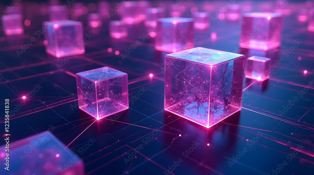 Aufkleber glowing pink data cubes network abstract background digital technology futuristic 3d render illustra