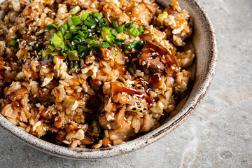 This delicious rice bowl features tender pieces of chicken combined with fluffy rice, finished with a drizzle of savory sauce and a sprinkle of sesame seeds. Bright green onions add a fresh touch. 
