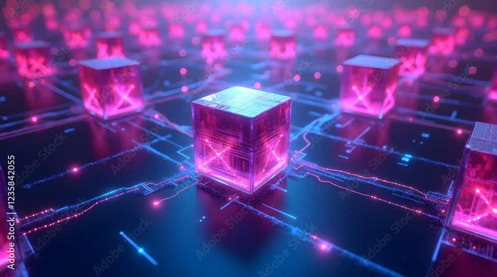 Aufkleber neon pink cubes futuristic technology network data center abstract digital art background 3d render