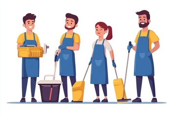 Smiling janitorial team in blue aprons with cleaning equipment isolated, 