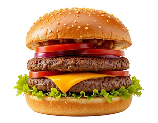Tasty Hamburger with Cheese, Beef, Lattos, Onion, and Tomato Isolated on Transparent PNG Background.