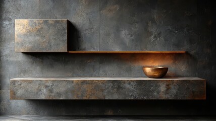 Modern minimalist wall shelf with a sleek design, featuring a copper bowl, perfect for contemporary interior decor.