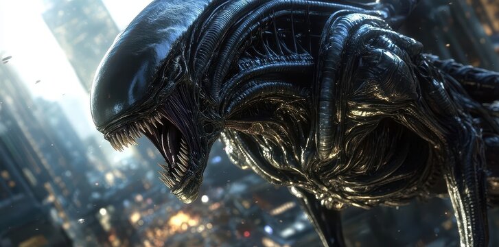 Xenomorph Predator Above Cityscape