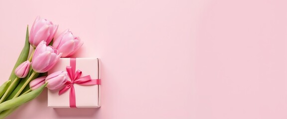 Fototapeta premium Romantic soft pink banner with ample space for text, featuring delicate pink tulips, a beautifully wrapped gift box with a pink ribbon and bow, creating a festive and elegant atmosphere.