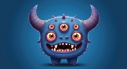 Colorful cartoon monster with multiple eyes and horns against a blue backdrop