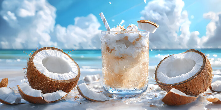 Tropical Coconut Cocktail: Refreshing Summer Drink Recipe with Ice, Fruity Flavors, and White Glass Splashes for Beach Paradise Relaxation Under Blue Sky and Palm Trees