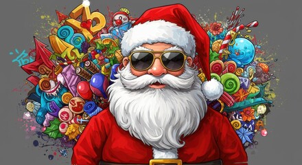 Santa Claus in Sunglasses Surrounded by Colorful Holiday Decorations and Gifts
