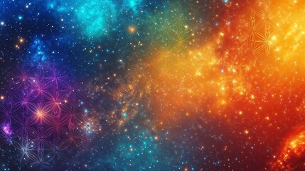 Glowing sacred geometry of the Flower of Life surrounded by cosmic stars and vibrant colors in a mystical and abstract space background