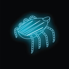 Blue glowing neon icon of a mite or tick on a black background