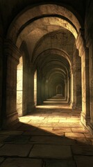 Fototapeta premium Long stone corridor, arched hallway, sunlight, mystery, game background.