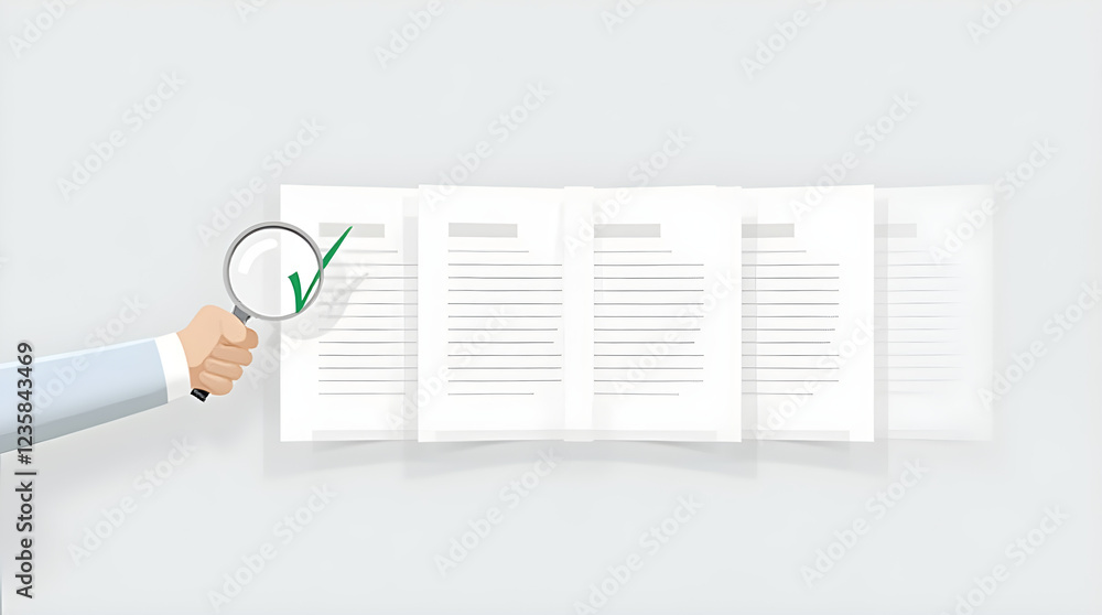 Poster document review process: efficiently examining and approving files with magnifying glass checkmark