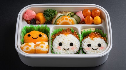 Adorable Character Bento Box with Rice Balls and Vegetables