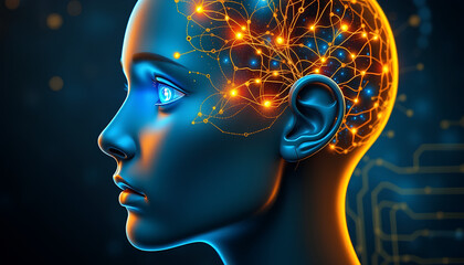 Obraz premium Side view of a humanoid head with blue and yellow eyes and vibrant neon neural network, robot face, representing futuristic technology and artificial intelligence. Generative AI