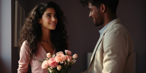 young couple holding a rose