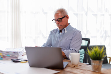 Portrait of Mature Caucasian man working at his workplace laptop.