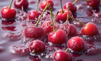 Fresh cherries splashing in liquid