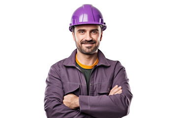 Fototapeta premium smiling man worker in purple helmet isolated on white