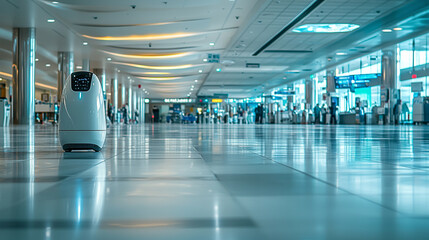 Airport terminal robot cleaning, passengers waiting. Travel, technology, future
