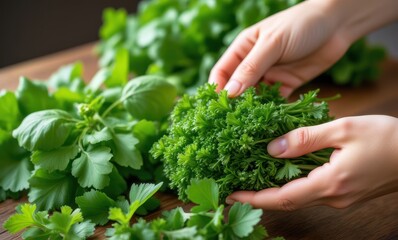 Hands holding fresh herbs on wooden table