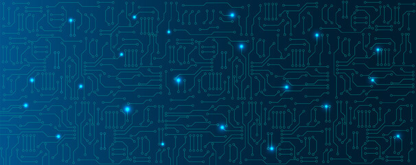 Blue circuit electronic or electrical line with circle engineering technology concept vector background