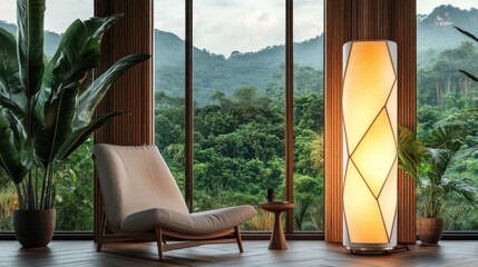 Relaxing lounge chair, jungle view, floor lamp, home interior design