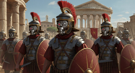 Futuristic Roman soldiers with robotic features march in front of ancient architecture