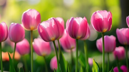 Fototapeta premium Pink Tulips in a Garden: A Breathtaking Springtime Scene