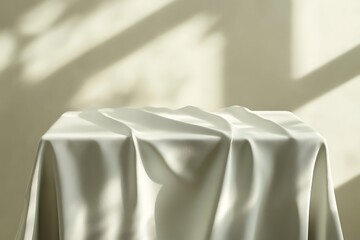 A draped white cloth on a table, softly illuminated by natural light and shadows.