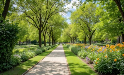 Lush green park path in spring