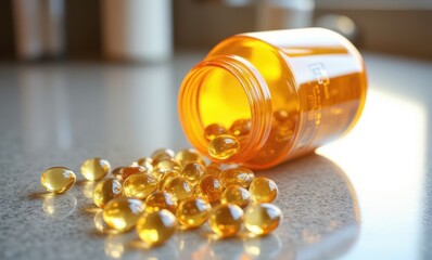 Scattered golden capsules from bottle