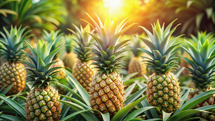 Pineapple plantation with ripe fruits under golden sunlight