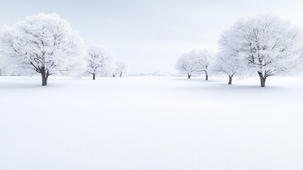 Obraz premium Frosty trees in snowy field, winter landscape