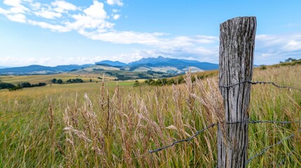 Obraz premium Mountain view from grassy field, fence post