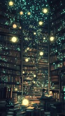 Fototapeta premium Girl Reading In A Magical Enchanting Library Filled With Books