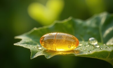 Golden capsule on fresh green leaf