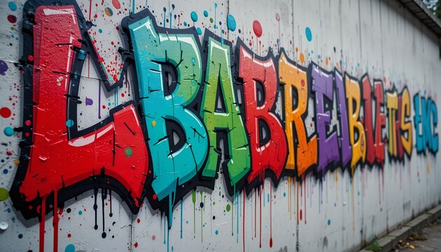 Colorful graffiti art with vibrant lettering and paint splatters on a white wall - Powered by Adobe