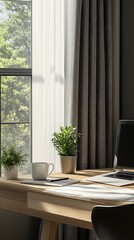 A modern workspace featuring plants, a computer, and a coffee cup by a window.