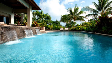 Obraz premium A serene pool scene surrounded by lush greenery and palm trees under a bright blue sky, creating a perfect tropical oasis.