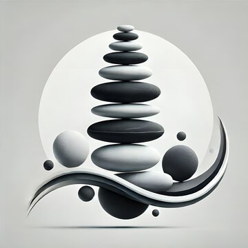 Stacked abstract stones in black and white with flowing shapes, balance and harmony concept