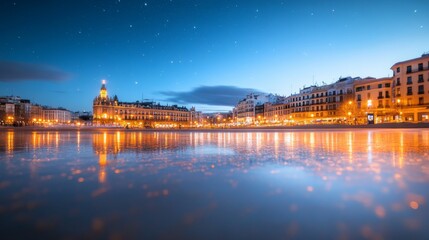 Fototapeta premium Night cityscape reflection, coastal town square, starry twilight sky, tranquil waters, tourism promotional image
