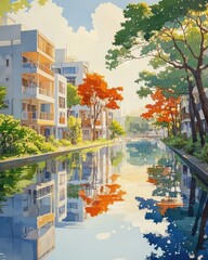 Obraz premium Serene urban canal scene with vibrant autumn trees reflecting in the water, peaceful ambiance