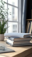 Obraz premium A serene workspace featuring stacked books and a potted plant by a window.