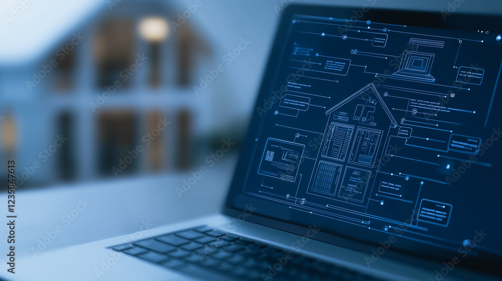 Poster smart home design on laptop: a laptop screen displays a detailed blueprint of a smart home system, w