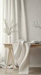 A serene interior scene featuring a table with a draped cloth and decorative plants.